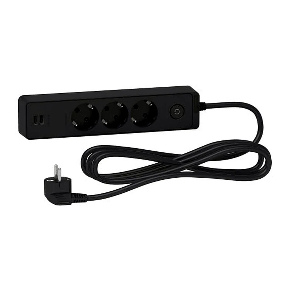 Подовжувач Schneider Electric 3 місця 2Р+PE +2 USB чорний 3 м ST943U3B