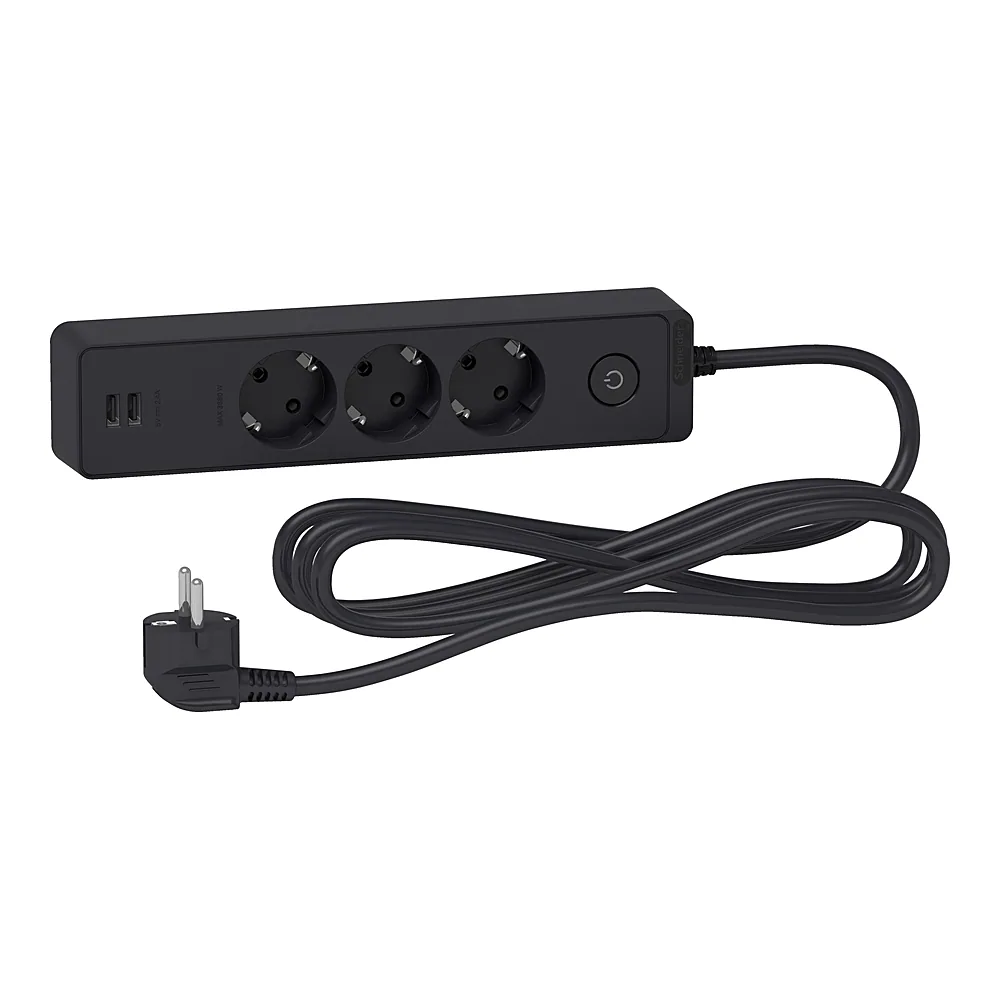 Подовжувач 3 місця 2P+PE +2 USB чорний 3 м Schneider Electric ST943U3B