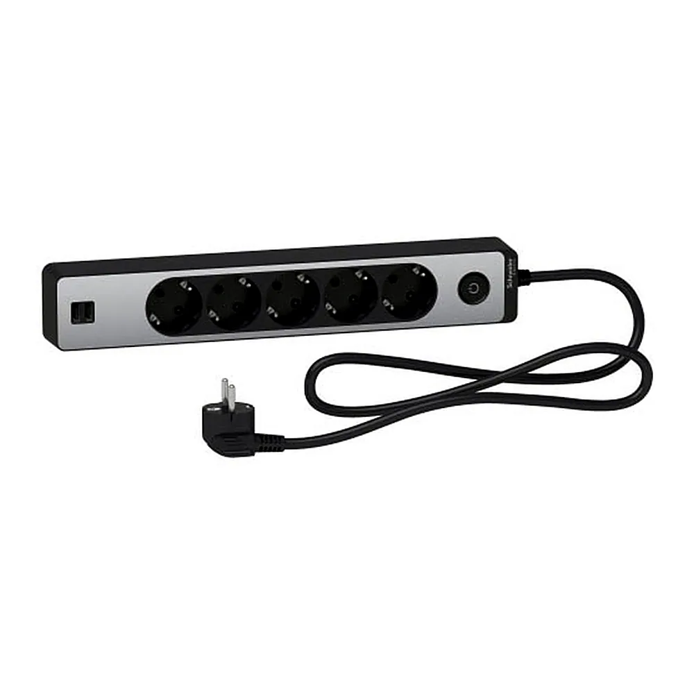 Подовжувач 5 місць з заземл.+2*USB алюм/чорн 1.5м, Schneider Electric