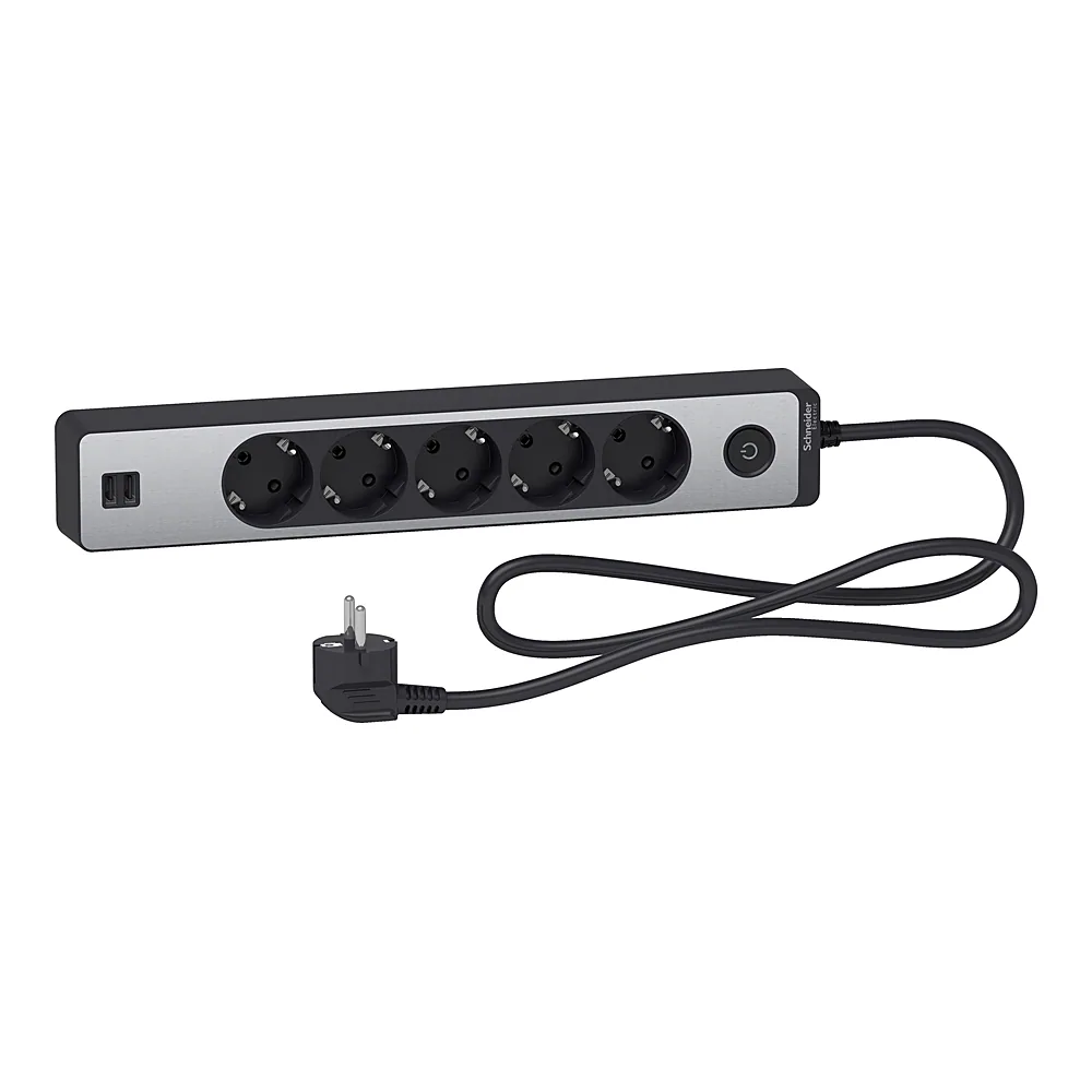 Подовжувач 5 місць з заземленням + 2×USB алюміній/чорний 1,5 м Schneider Electric ST945U1BA