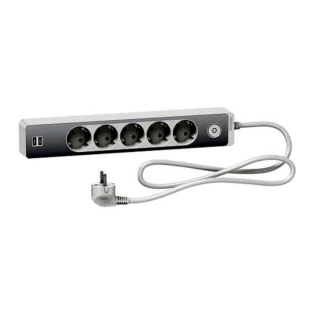 Подовжувач 5 місць з заземл.+2*USB алюм/біл 1.5 м, Schneider Electric