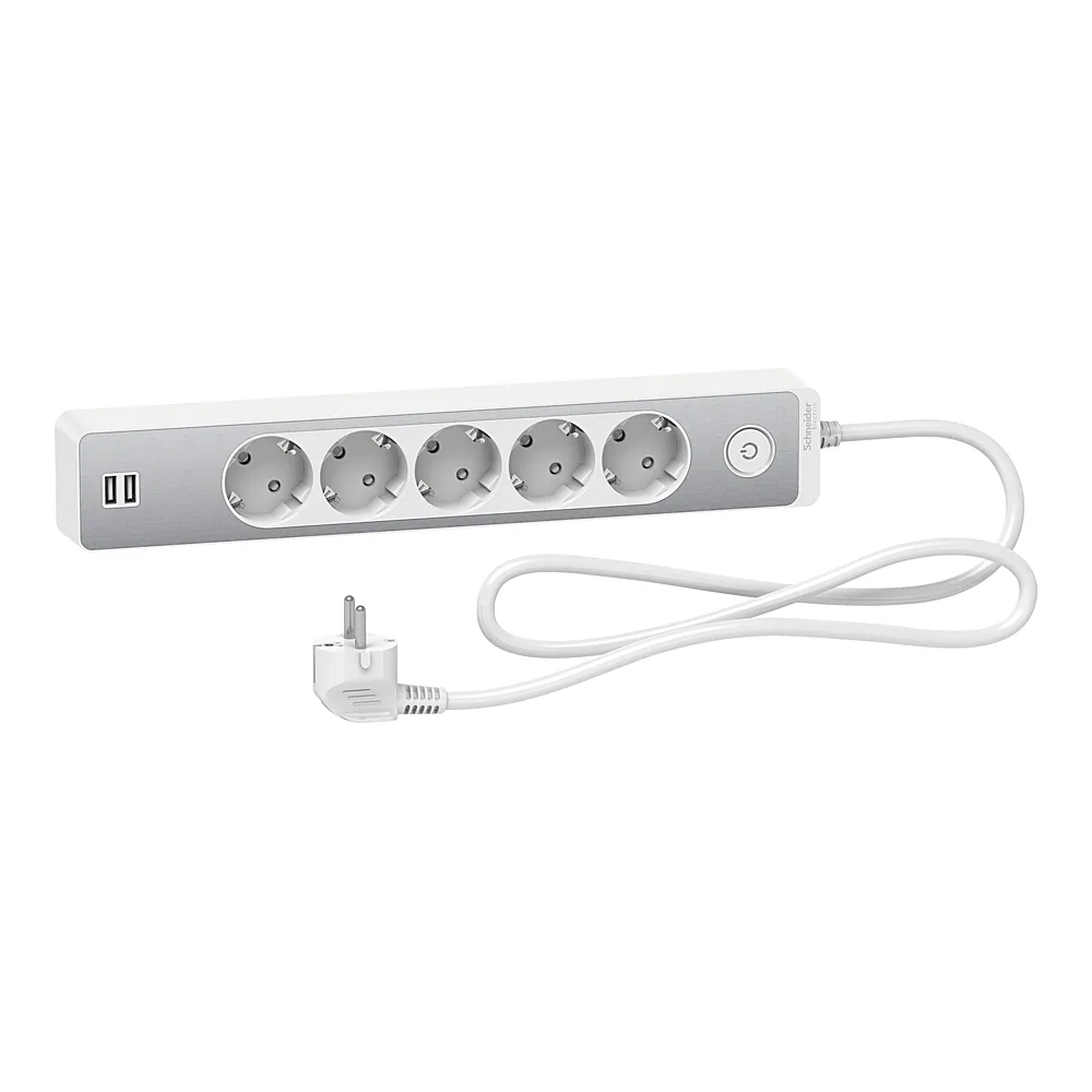 Подовжувач 5 місць з заземленням + 2×USB алюміній/білий 1,5 м Schneider Electric ST945U1WA