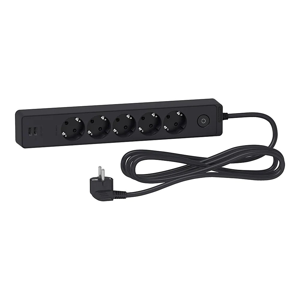 Подовжувач 5 місць з заземленням + 2×USB чорний 3 м Schneider Electric ST945U3B