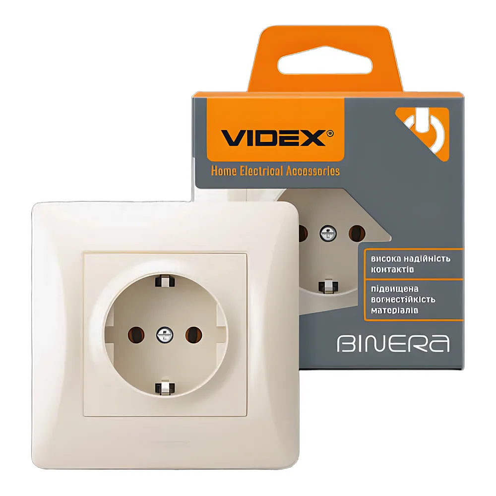 Розетка BINERA 1-постова з заземленням кремова Videx VF-BNSK1G-CR