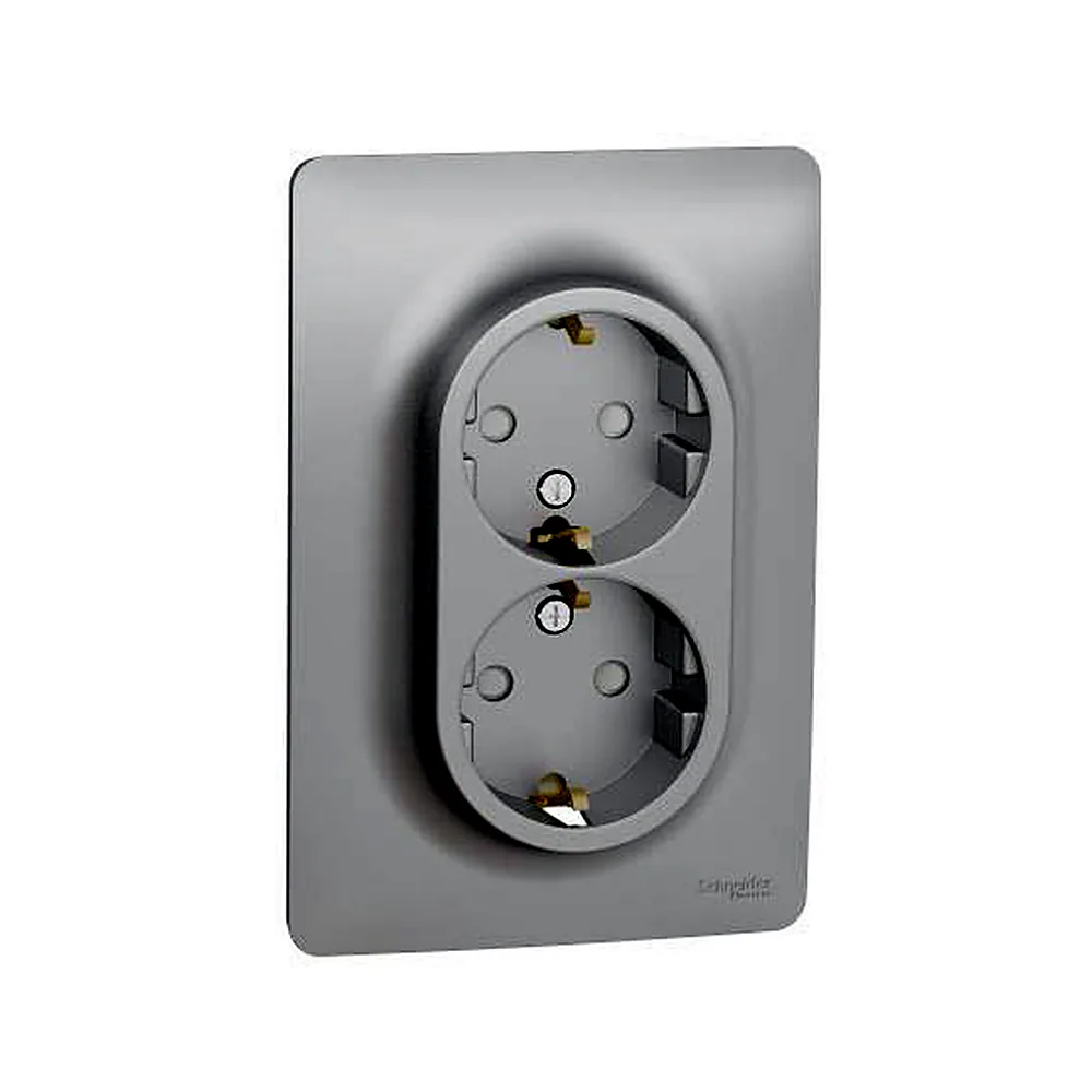 Розетка подвійна з зк з шторк. гвинт. заж., алюміній, Unica New, NU206730, Schneider Electric