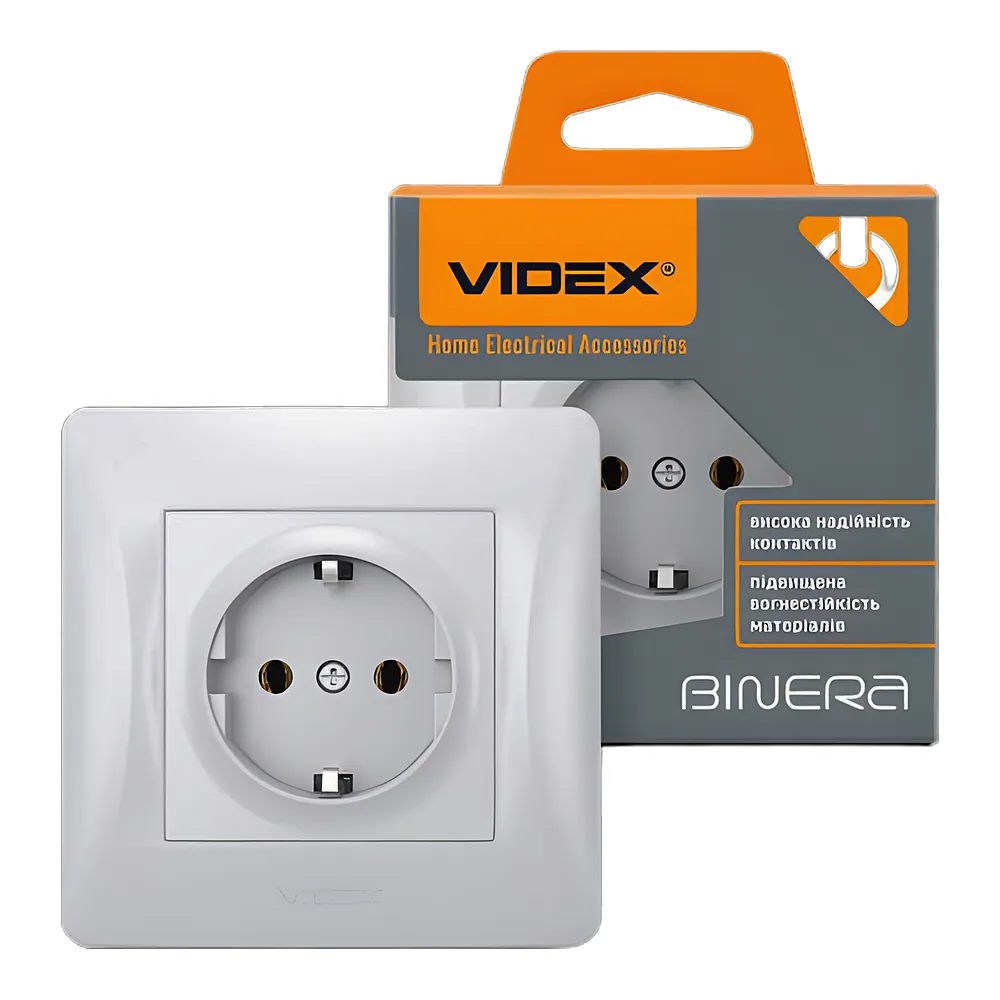 Розетка BINERA 1-постова з заземленням срібний шовк Videx VF-BNSK1G-SS