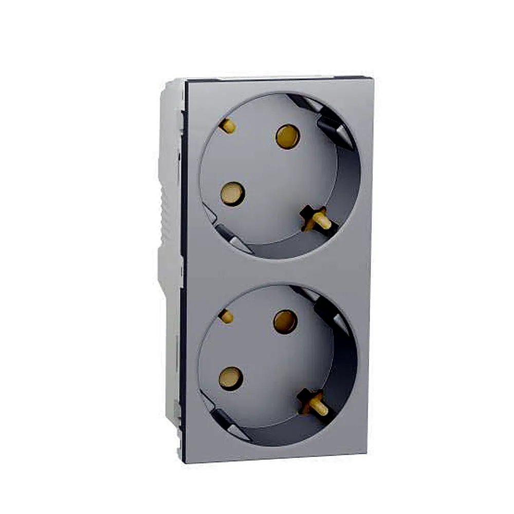 Розетка подвійна 45° з з/к, з шторк. алюміній, Unica New, NU306730A, Schneider Electric