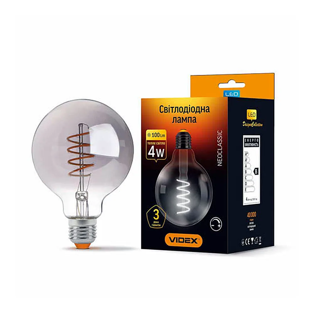 LED лампа VIDEX Filament G95FGD 4W E27 2100K дімерна графіт