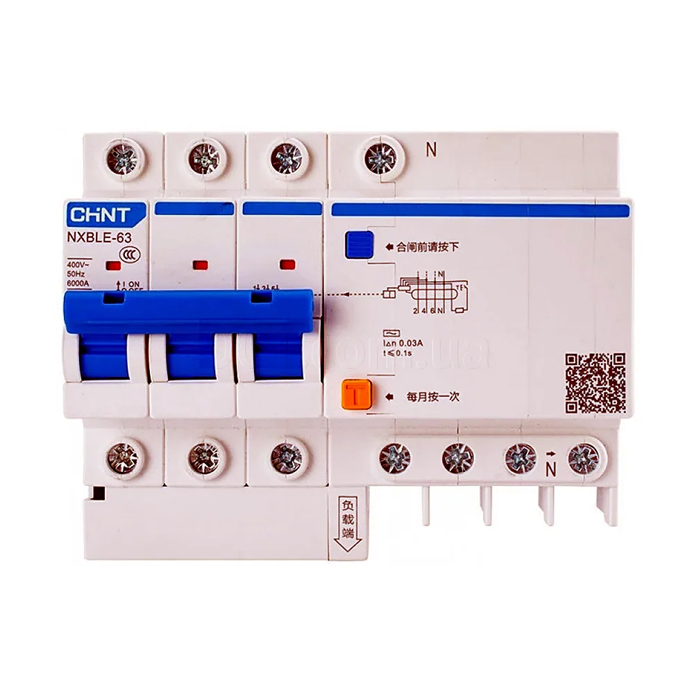 Диференційний автоматичний вимикач CHINT NXBLE-63 3P+N C40A 30mA AC 6kA 982116