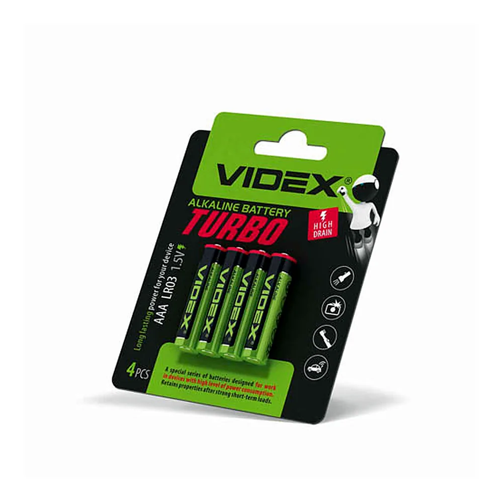Батарейка лужна Videx LR03/AAA Turbo 4шт BLISTER (40/720)