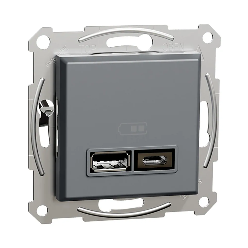 Розетка подвійна USB 2,4A сталь Asfora, Schneider Electric