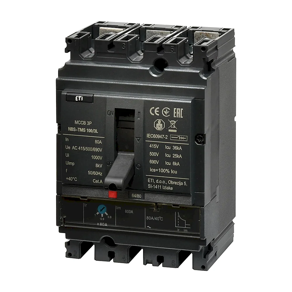 Автоматичний вимикач ETI ETIBREAK NBS NBS-TMS 100/3L 3P 80A 36kA 4673006