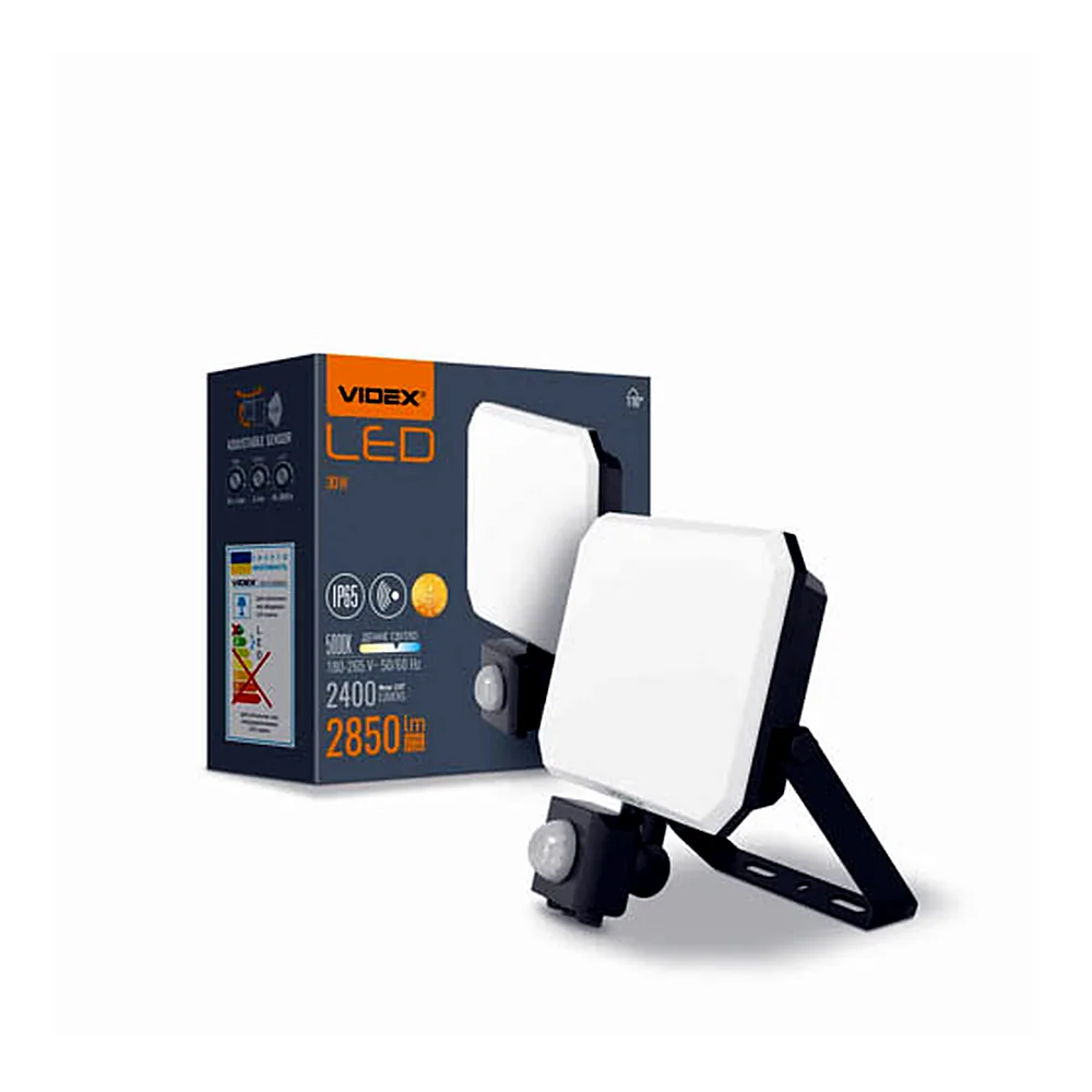 LED прожектор VIDEX F3 30W 5000K з датчиком руху 220V Black (VLE-F3-0305B-S)