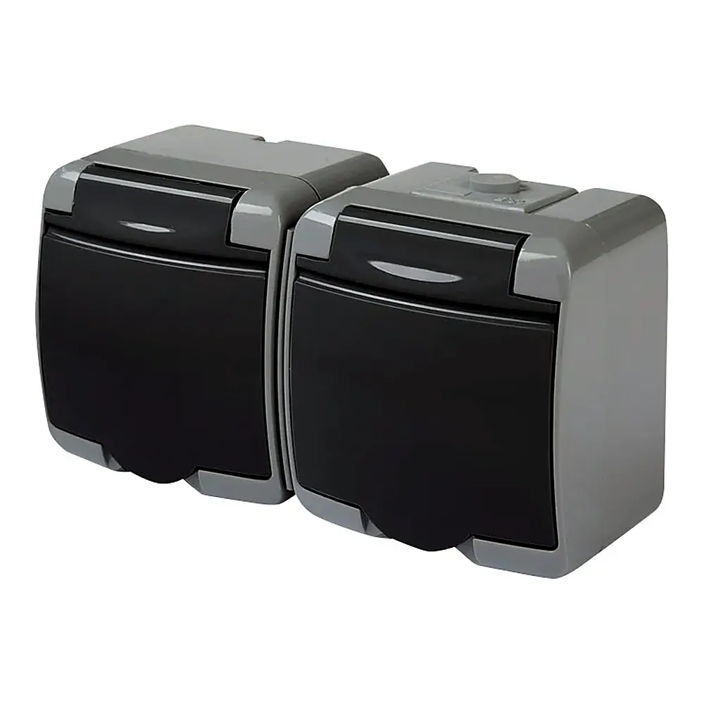 Розетка 2-на з з/к Schuko RHE-2s-SRG (сіра/графіт. кришка, IP54)