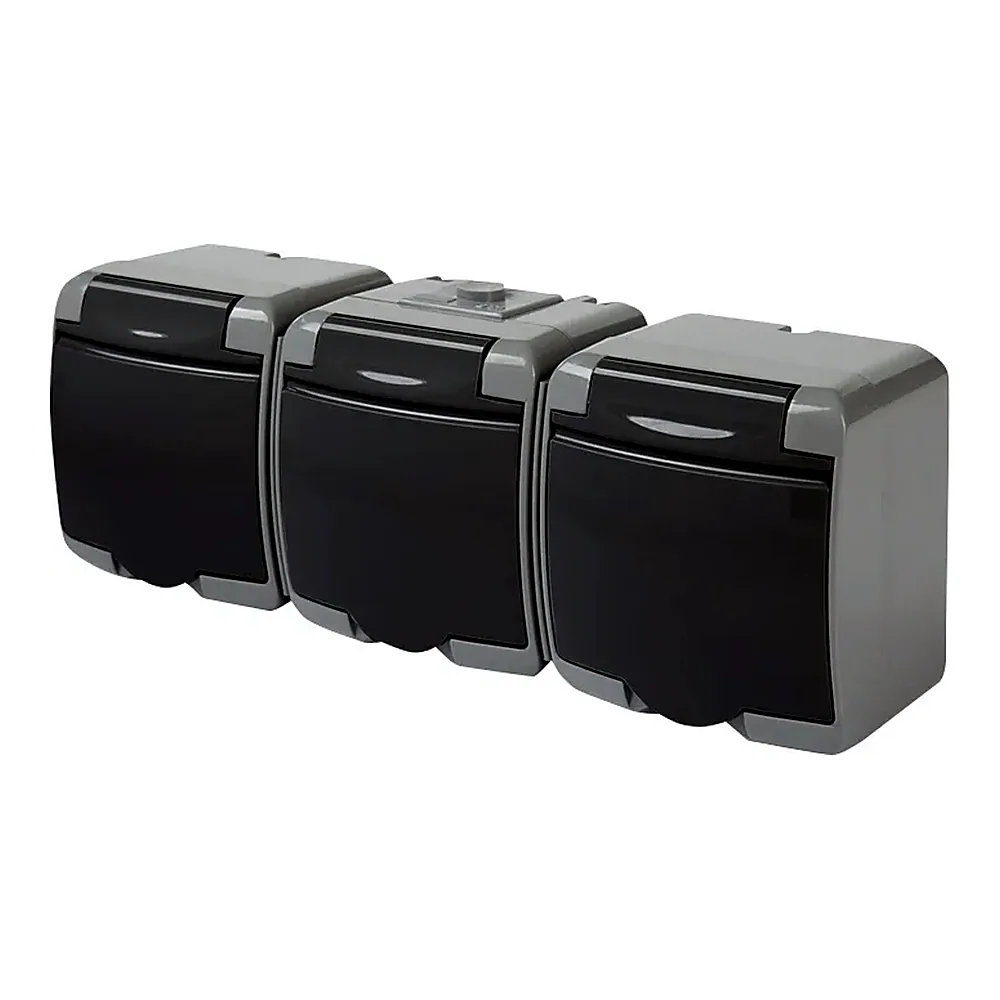 Розетка 3-на з з/к Schuko RHE-3s-SRG (сіра/графіт. кришка, IP54)