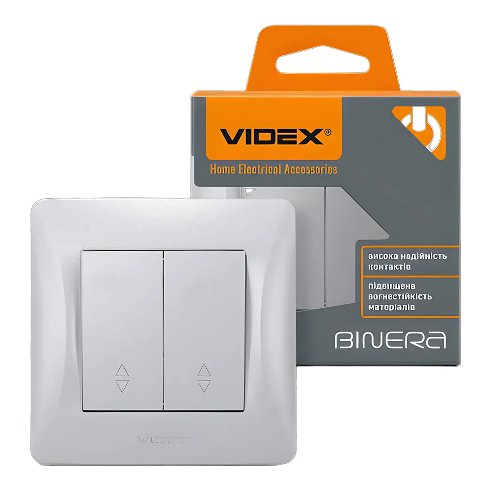 Вимикач BINERA 2-клавішний прохідний срібний шовк Videx VF-BNSW2P-SS