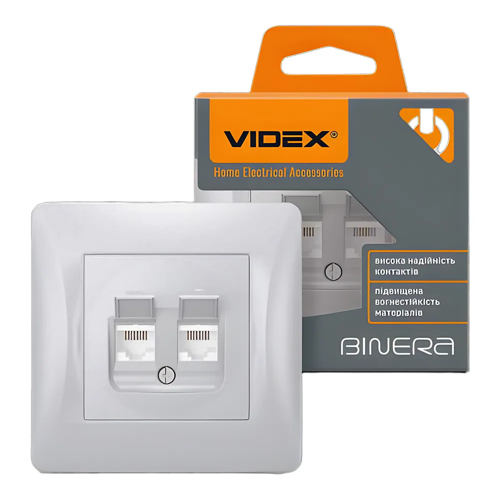 Розетка BINERA категорія 6+6 комп'ютерна подвійна срібний шовк Videx VF-BNSK2PC6-SS