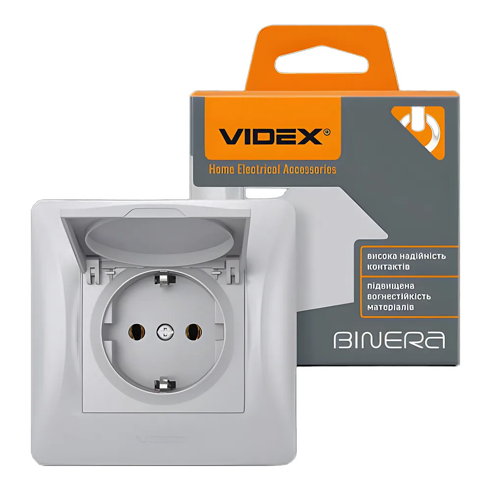 Розетка BINERA одинарна з заземленням та кришкою срібний шовк Videx VF-BNSK1GC-SS