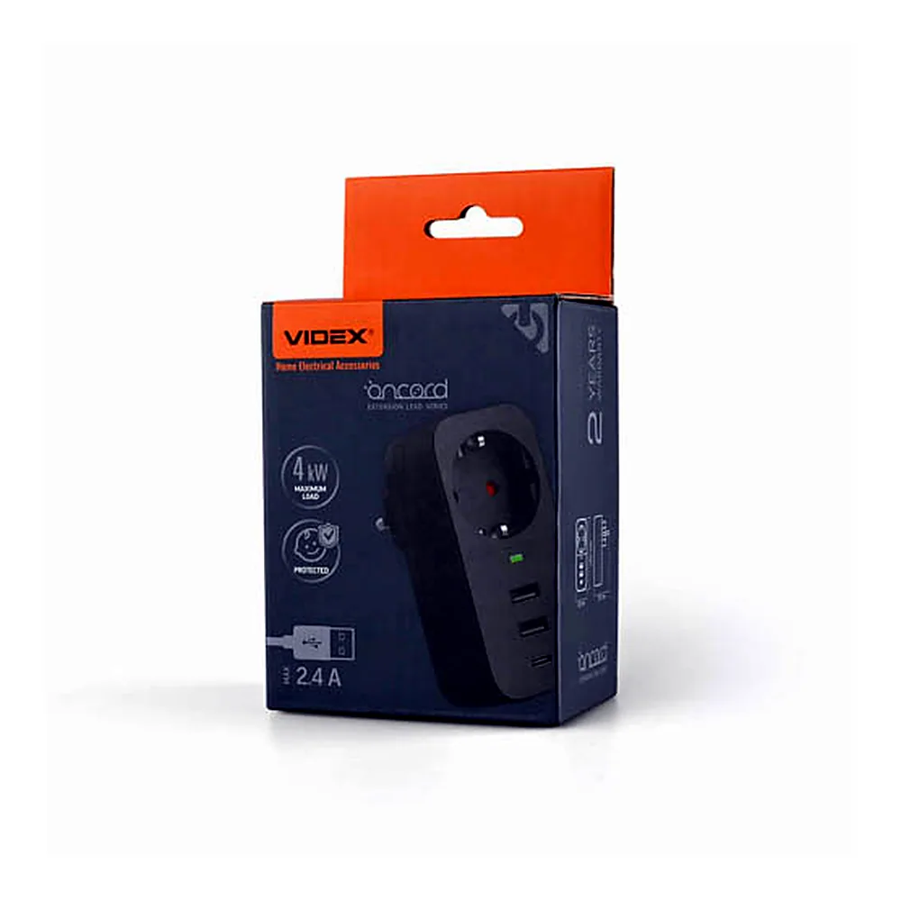 Мережевий адаптер VIDEX ONCORD з/з 1п 2.4A 2USB+USB-C Black