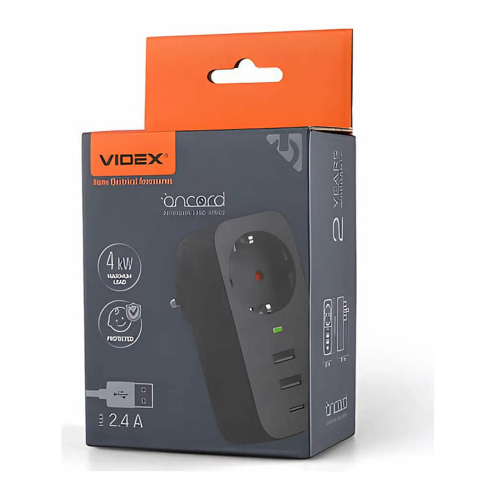 Мережевий адаптер ONCORD з заземленням 1P 2,4 А 2USB+USB-C чорний Videx VF-AD1G2U1C-B