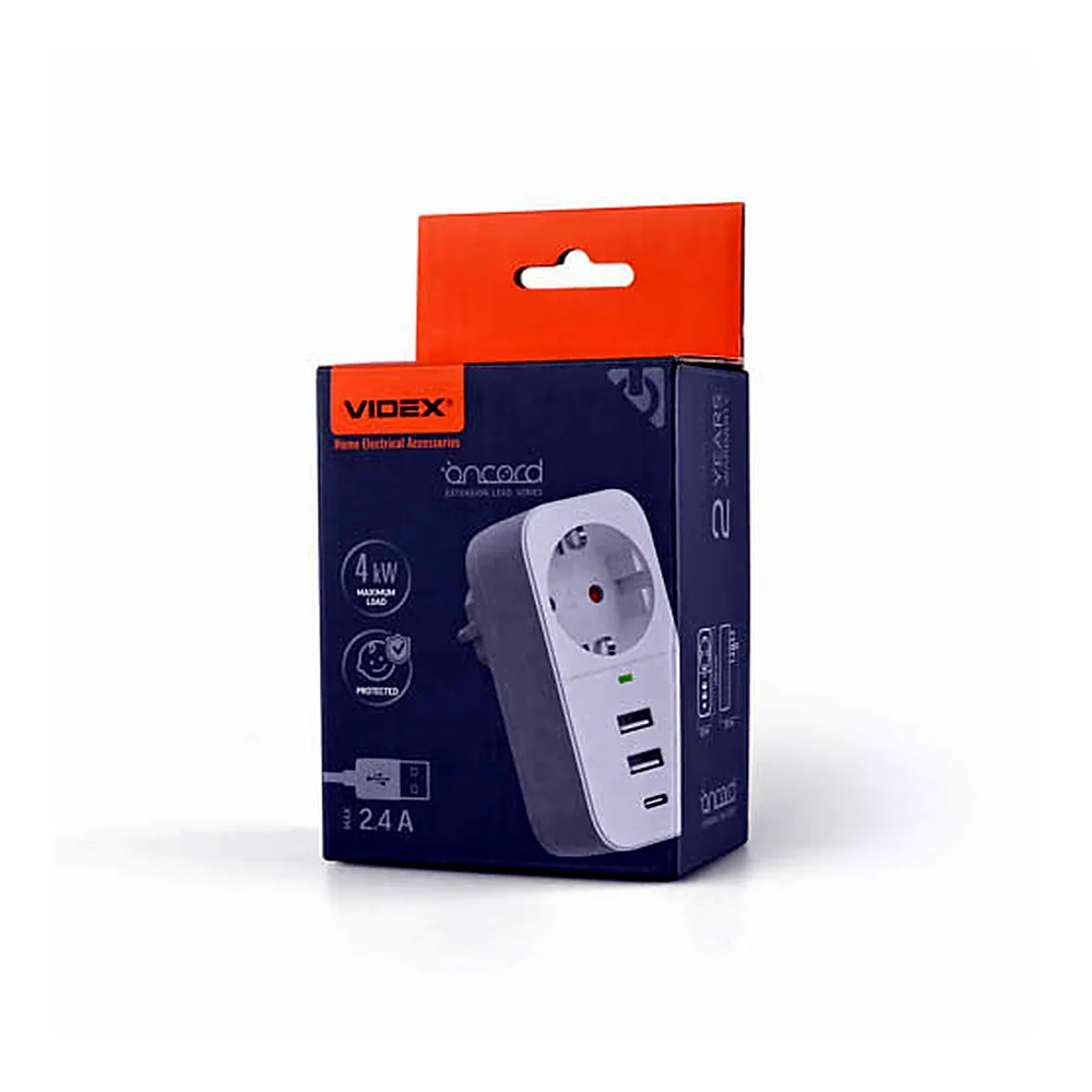 Мережевий адаптер VIDEX ONCORD з/з 1п 2.4A 2USB+USB-C White