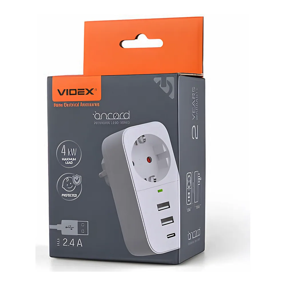 Мережевий адаптер ONCORD з заземленням 1P 2,4 А 2USB+USB-C білий Videx VF-AD1G2U1C-W