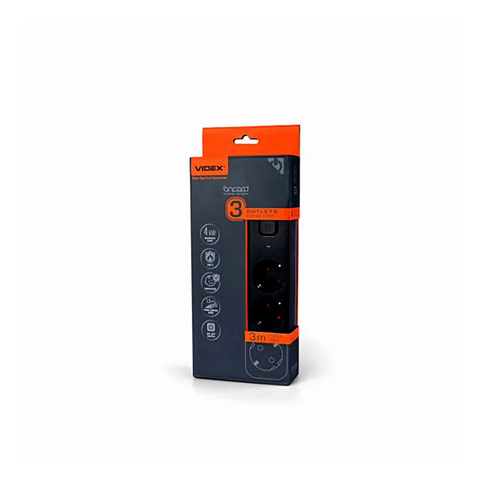 Мережевий подовжувач VIDEX ONCORD з/з 3п 3м (3x1.5мм) з кнопкою Black