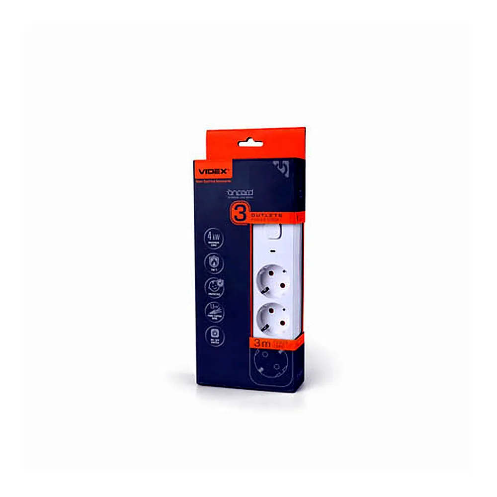 Мережевий подовжувач VIDEX ONCORD з/з 3п 3м (3x1.5мм) з кнопкою White