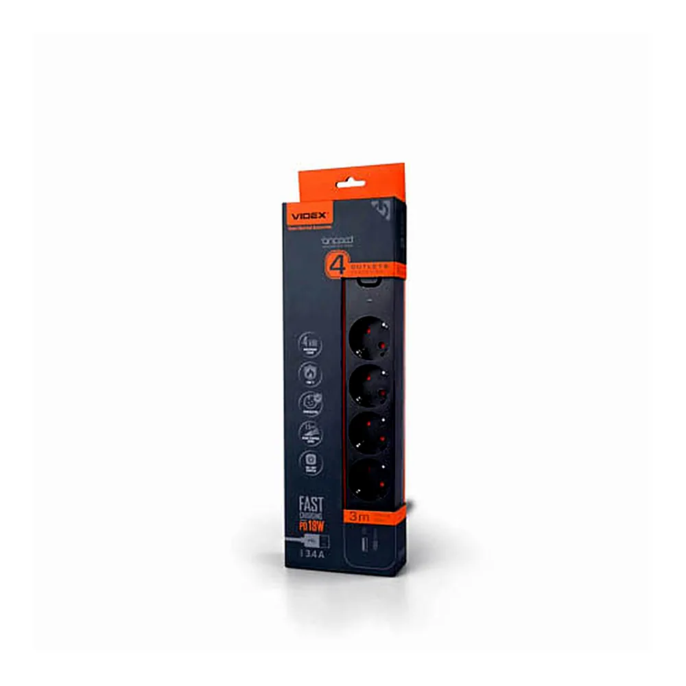 Мережевий подовжувач VIDEX ONCORD з/з 4п 3м (3x1.5мм) 3.4А USB(QC3.0) +USB-C(PD18W) з кнопкою Black