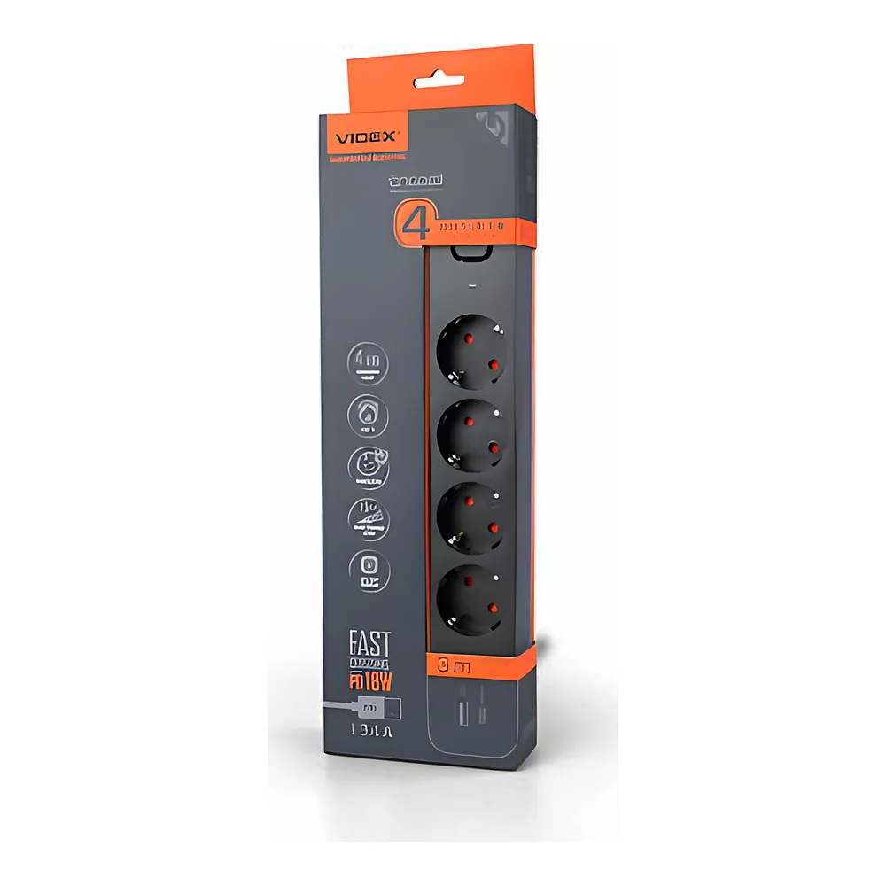 Подовжувач мережевий ONCORD з заземленням 4P 3 м 3х1,5 мм² 3,4 А USB(QC3.0) +USB-C(PD 18 Вт) з кнопкою чорний Videx VF-PD43G1QC1PD-B