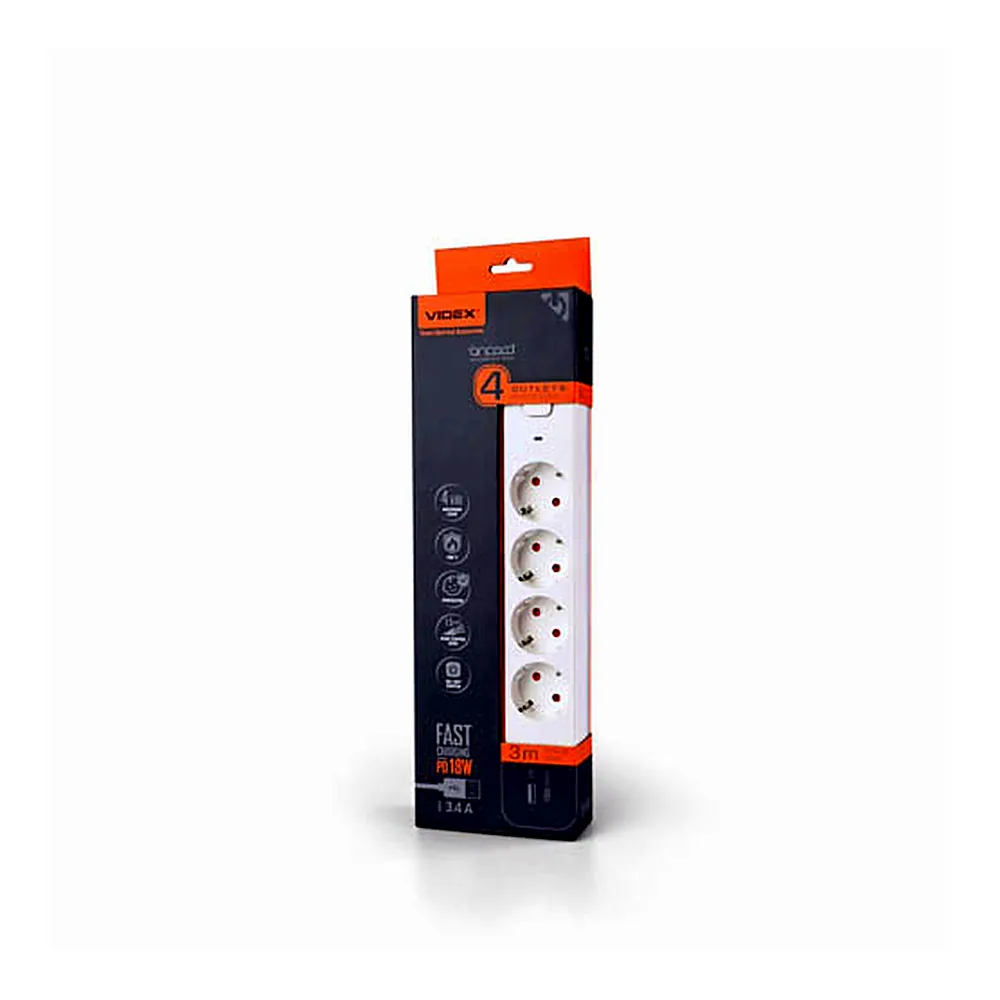 Мережевий подовжувач VIDEX ONCORD з/з 4п 3м (3x1.5мм) 3.4А USB(QC3.0) +USB-C(PD18W) з кнопкою White