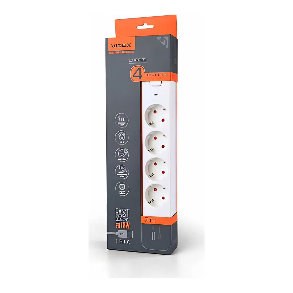 Подовжувач мережевий ONCORD з заземленням 4P 3 м 3х1,5 мм² 3,4 А USB(QC3.0) +USB-C(PD 18 Вт) з кнопкою білий Videx VF-PD43G1QC1PD-W