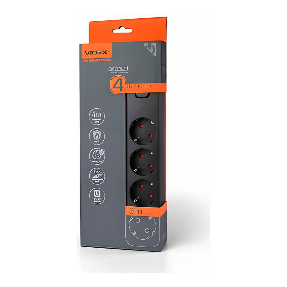 Подовжувач ONCORD 4P з заземленням 3 м чорний Videx VF-PD43G-B