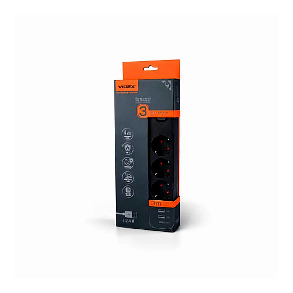 Мережевий подовжувач VIDEX ONCORD з/з 3п 3м (3x1.5мм) 2.4А 2USB+USB-C з кнопкою Black