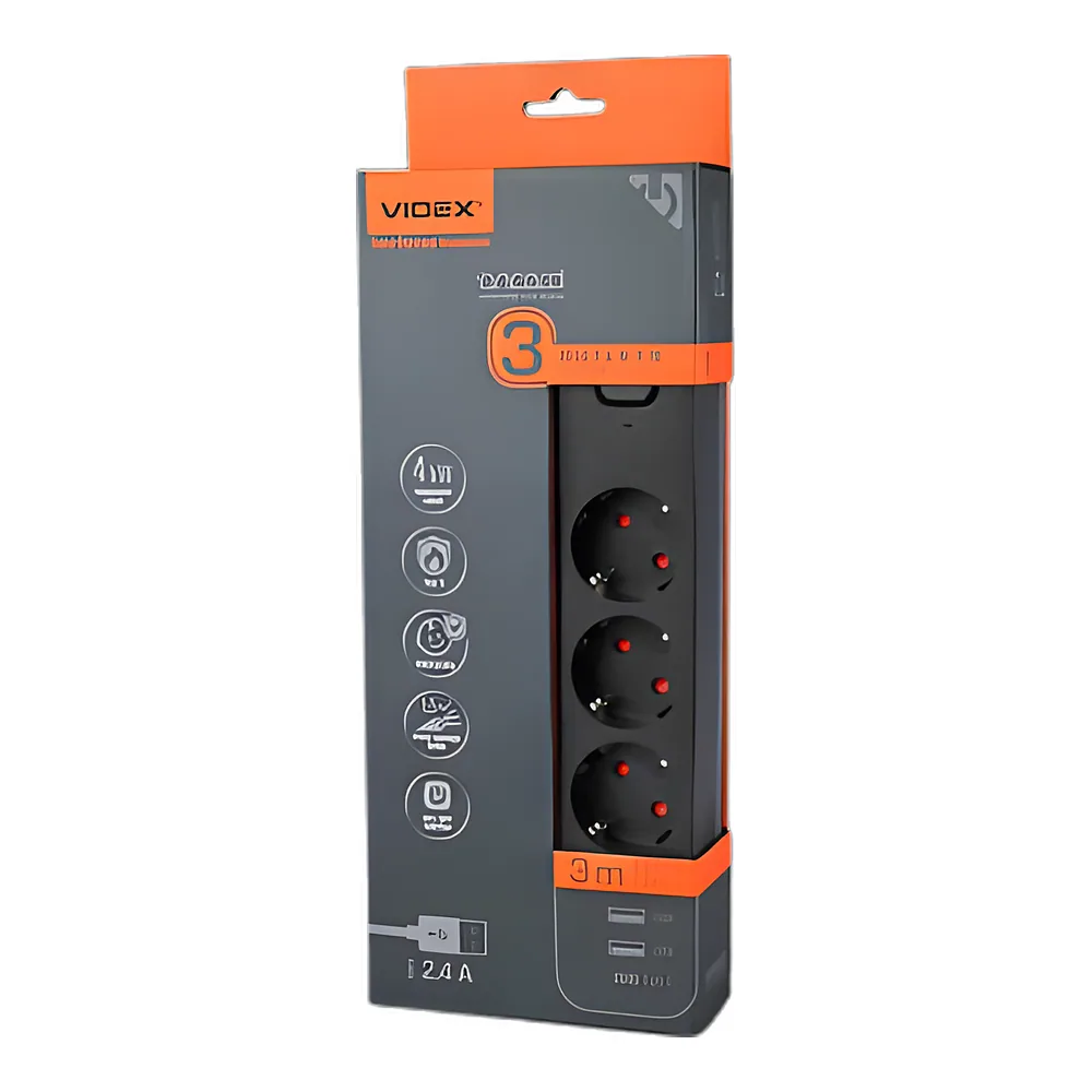 Подовжувач мережевий ONCORD з заземленням 3P 3 м 3х1,5 мм² 2,4 А 2USB+USB-C з кнопкою чорний Videx VF-PD33G2U1C-B