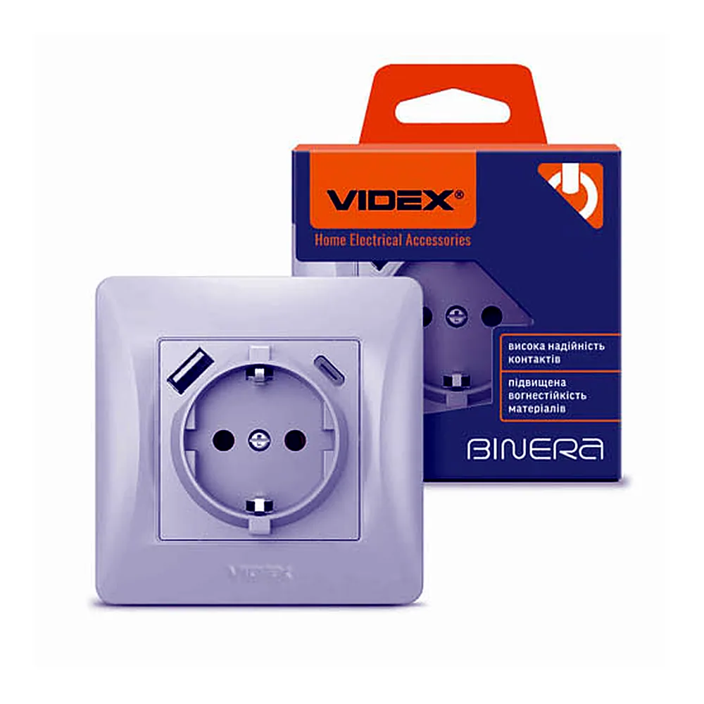 Розетка одинарна із заземленням з USB+USB-C срібний шовк VIDEX BINERA