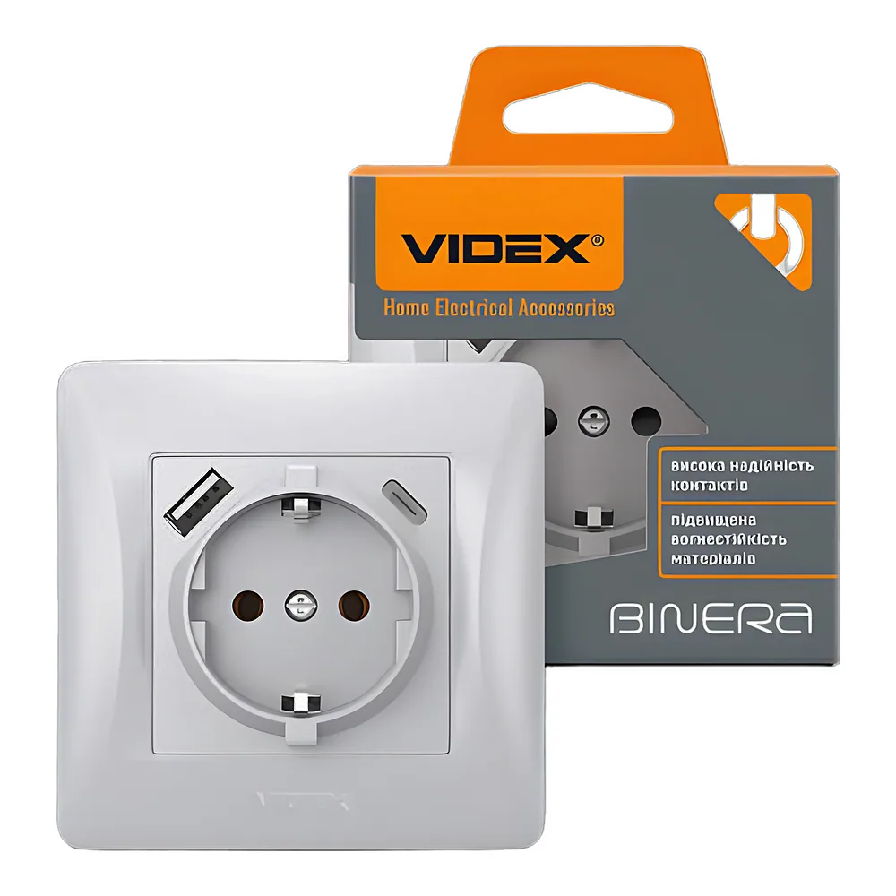 Розетка BINERA одинарна з заземленням з USB+USB-C срібний шовк Videx VF-BNSK1GUC-SS