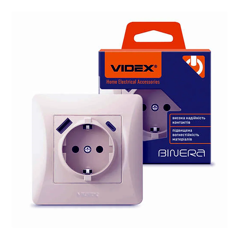 Розетка одинарна із заземленням з USB+USB-C кремова VIDEX BINERA