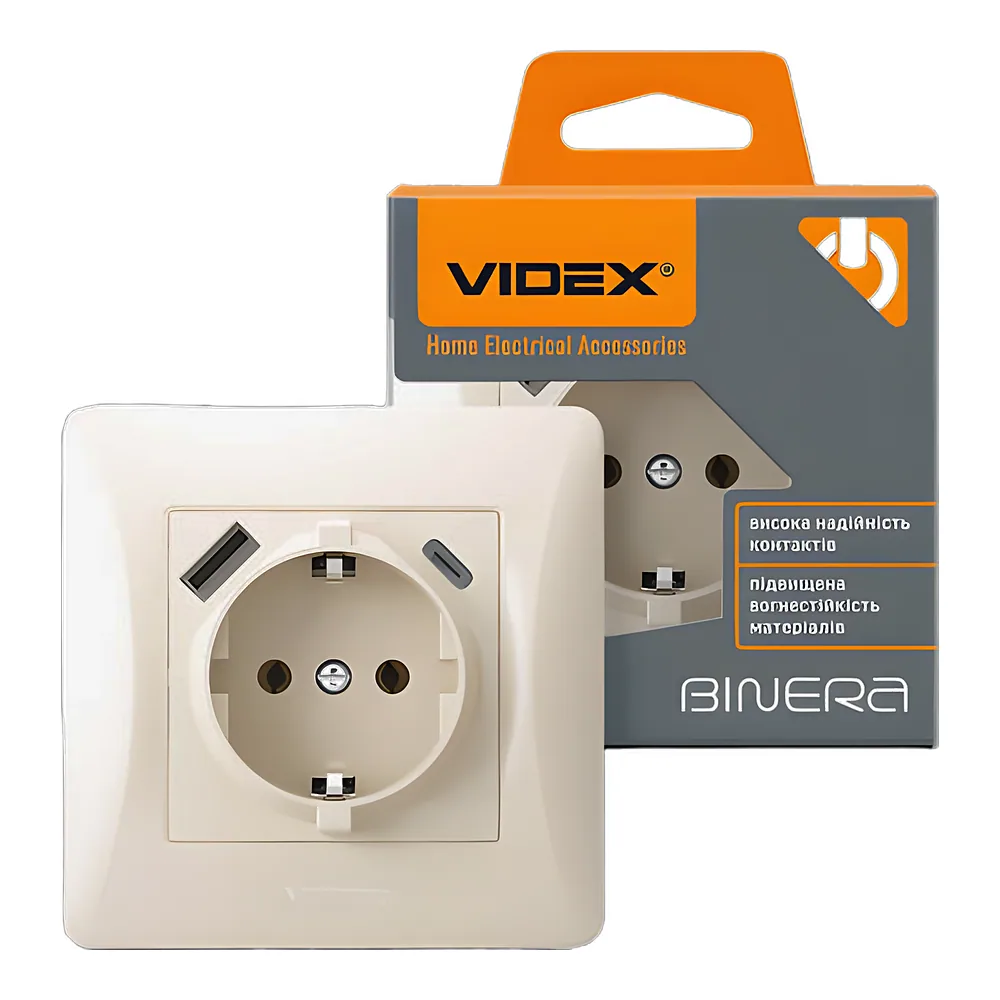 Розетка BINERA одинарна з заземленням з USB+USB-C кремова Videx VF-BNSK1GUC-CR