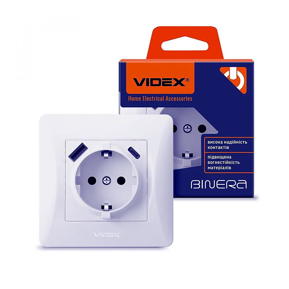 Розетка одинарна із заземленням з USB+USB-C біла VIDEX BINERA