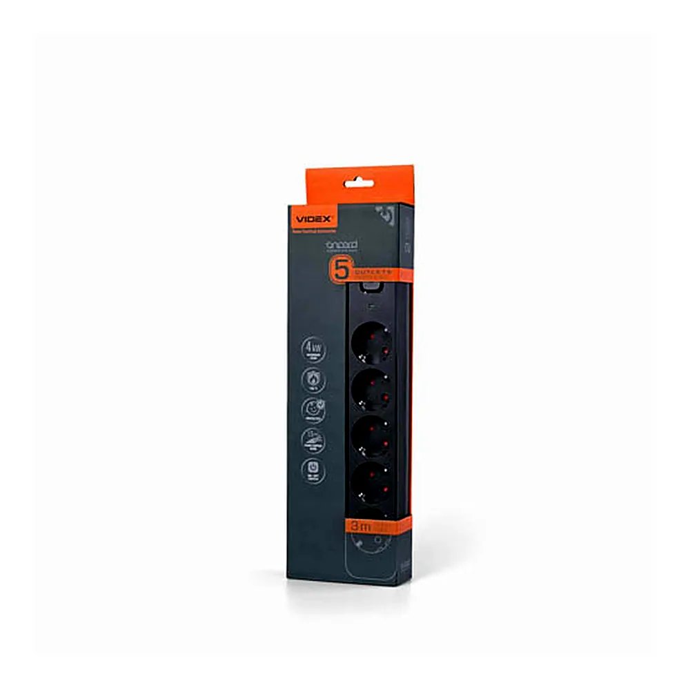 Мережевий подовжувач VIDEX ONCORD з/з 5п 3м (3x1.5мм) з кнопкою Black