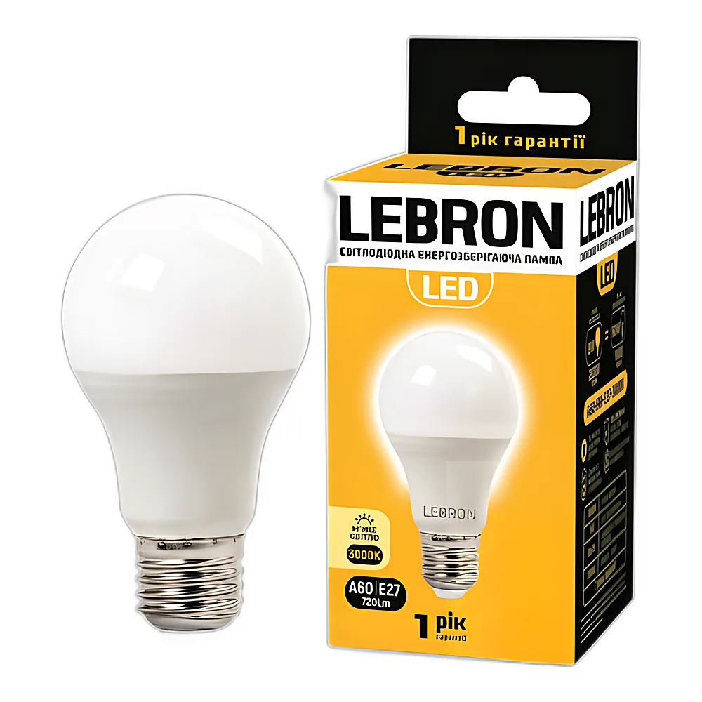 LED лампа LEBRON L-A60, 8W, Е27, 3000K, 720Lm
