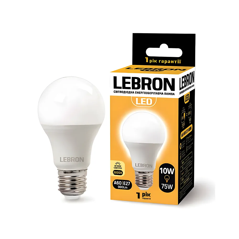 LED лампа LEBRON L-A60, 10W, Е27, 3000K, 900Lm