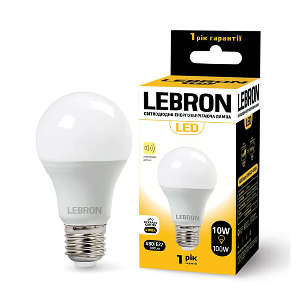 LED лампа LEBRON L-A60, 10W, Е27, 4100K, 900Lm, акустичний датчик