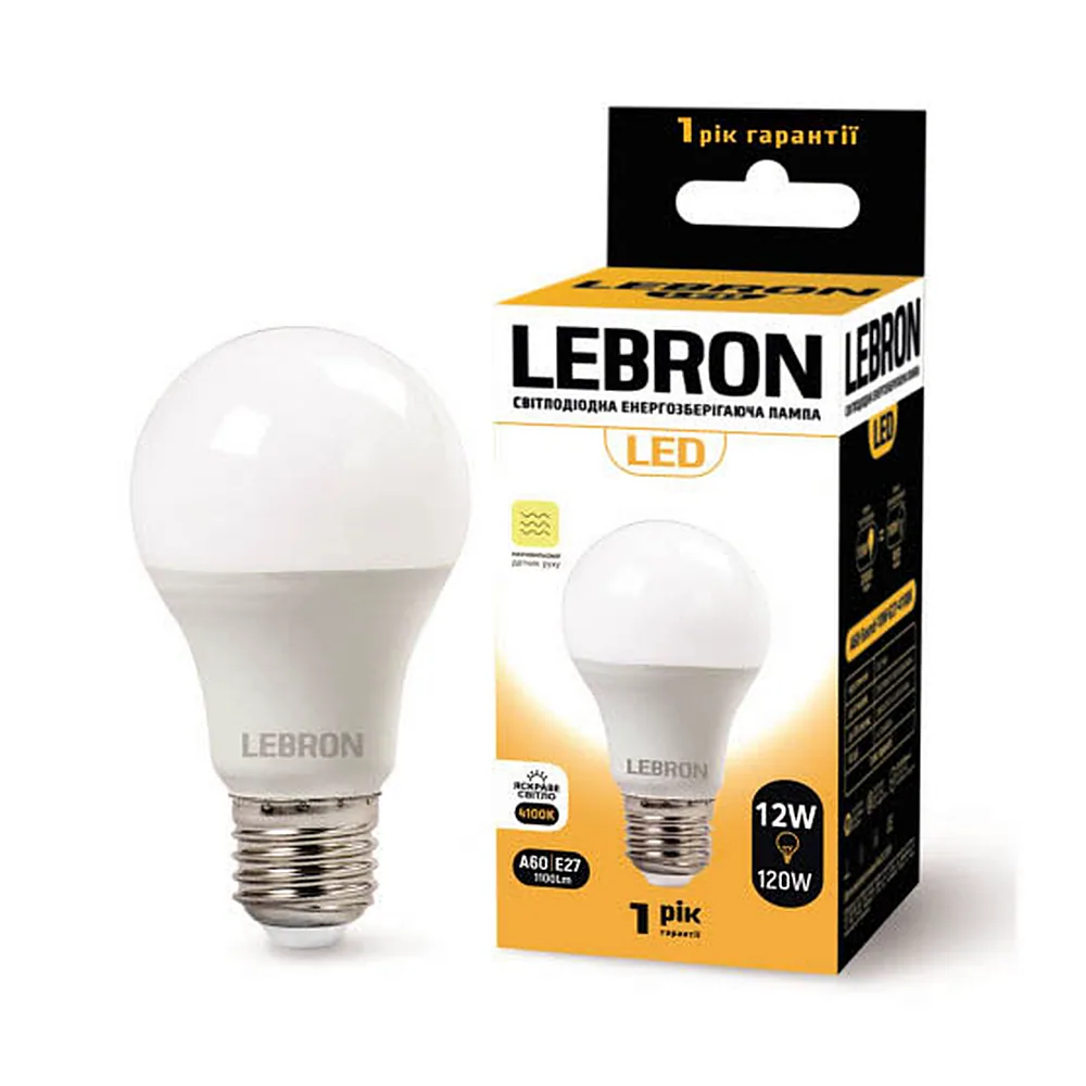 LED лампа LEBRON L-A60, 12W, Е27, 4100K, 1100Lm, СВЧ датчик руху