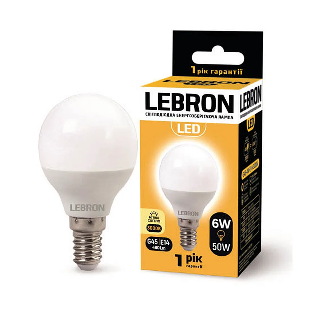 LED лампа LEBRON L-G45, 6W, 220V, Е14, 3000K, 480Lm