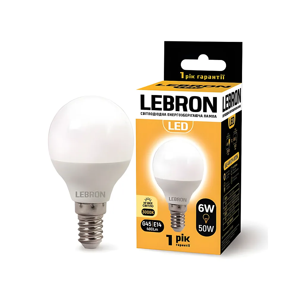 LED лампа LEBRON L-G45, 6W, 220V, Е14, 3000K, 480Lm