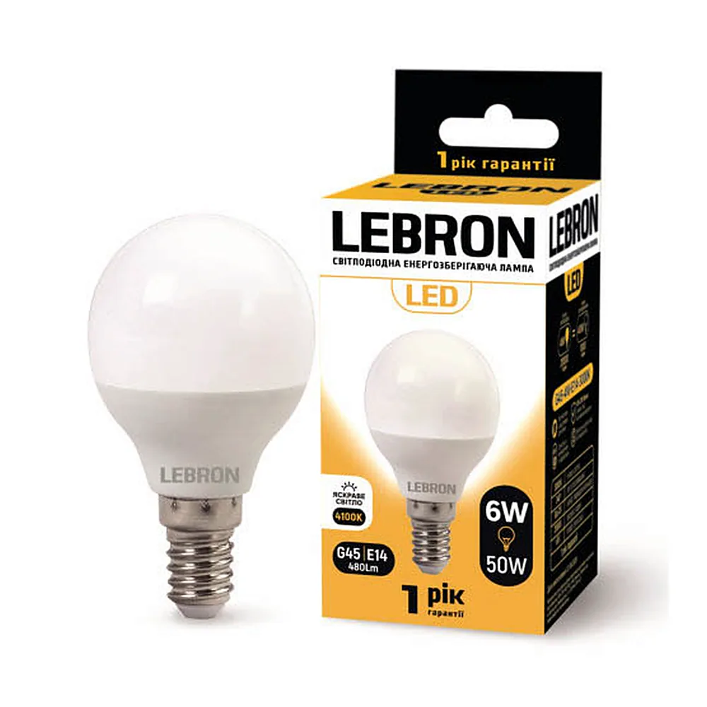 LED лампа LEBRON L-G45, 6W, 220V, Е14, 4100K, 480Lm