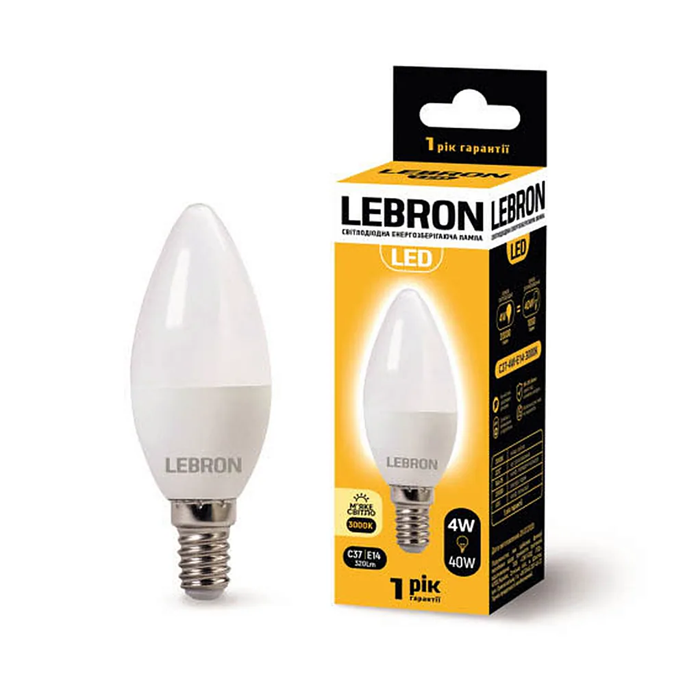 LED лампа LEBRON L-С37, 4W, 220V, Е14, 3000K, 320Lm