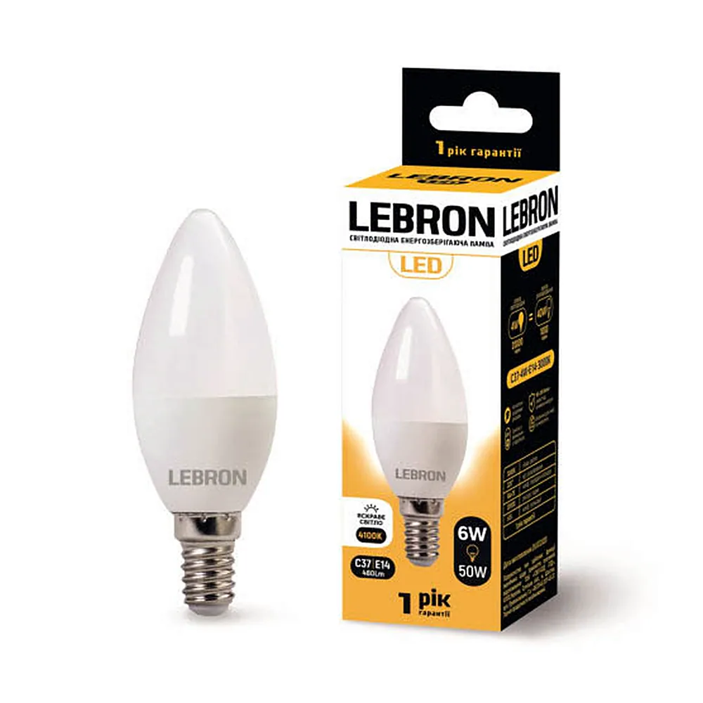 LED лампа LEBRON L-С37, 6W, 220V, Е14, 4100K, 480Lm